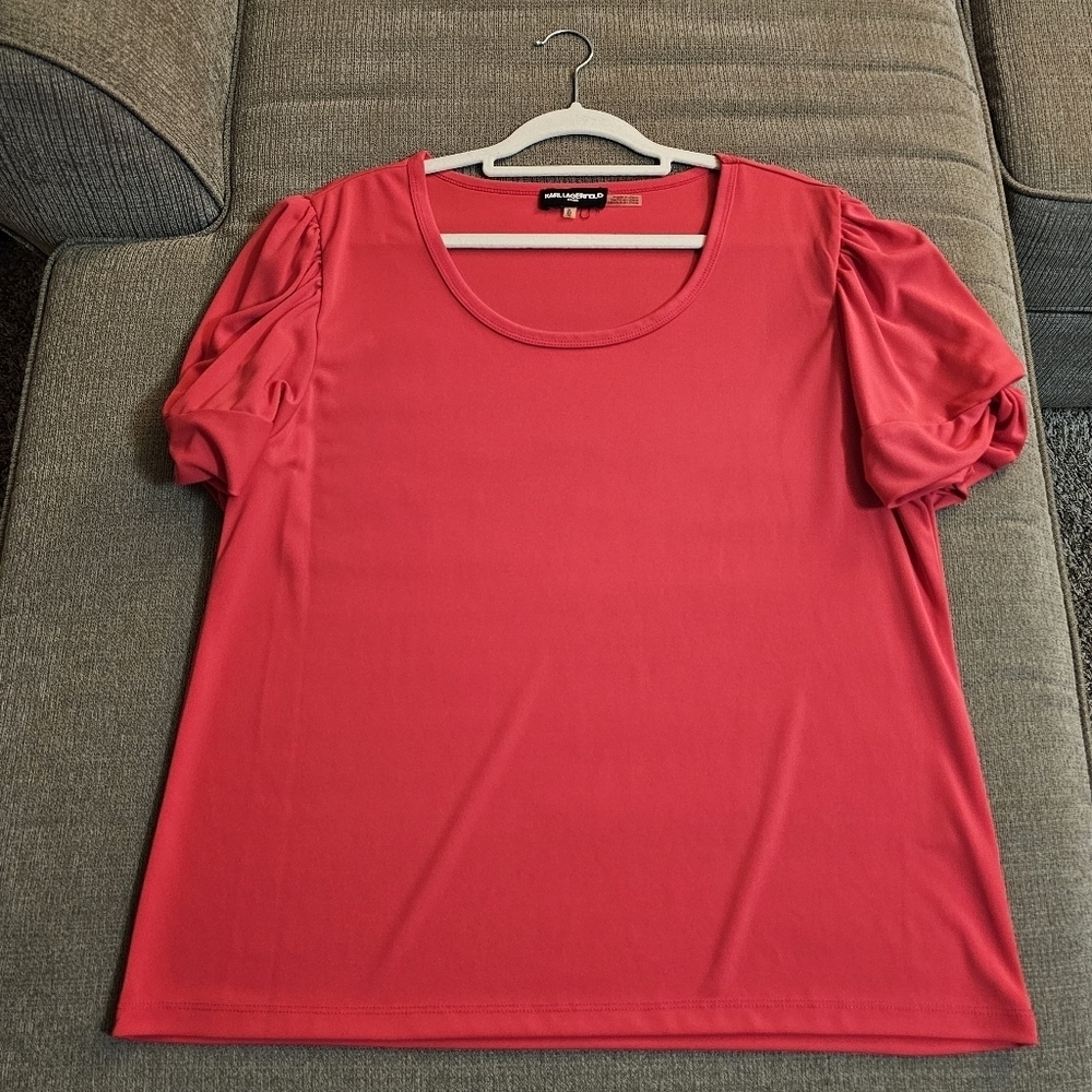 Karl Lagerfeld Hot Pink Casual Office Career Puff Sleeve Top Blouse Size XL